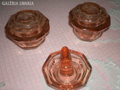 Ékszer és gyűrűtartó rózsaszín üveg (3 db) ép