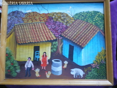 Naiv festmény vidéki utcakép, 33x27 cm, jelzett