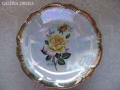 Irizáló, aranyozott, sárga rózsás tányér