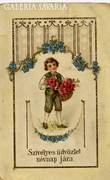 Képeslap. Egy fiú rózsákkal 1920. Aranyozott