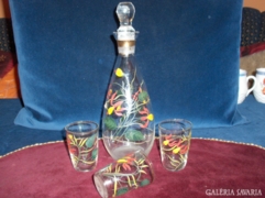 Retro boros készlet -  egy darab karaffa, három darab pohár - kézzel festett üveg