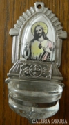 Antik üvegtartályos szenteltvíz tartó Jézus arcképéve