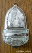 Antik üvegtartályos szenteltvíz tartó Mária arcképéve