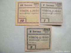Vörös újság 1 + 2 + 10 korona sor szükségpénz 1919 UN