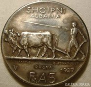 Albánia   5 franga  1927 PROVA - PRÓBA (FERT   veret) .