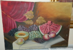 Tabletop still life > labeled oil / canvas painting