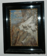 Antik biedermeier jelzett  festmény : zergék