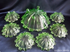 Antik rusztikus zöld üveg kompótos készlet