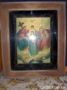Antik,nagy, üvegre festett szent kép, korabeli keretben