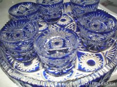 Kristály-üveg kék tálca +6 pohár, 20átmérő,4,5 magas