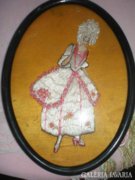Hímzett selyemkép, rokokó hölgy, 24x17 cm, ovális keret