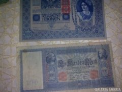 2 db régi papír pénz 100 Márka és 1000 Korona