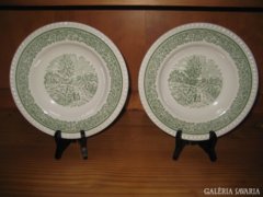 Tájképes zöld porcelán tányér.