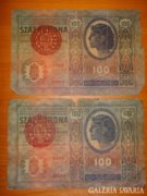 2 db  1912 100 korona magyar felülbélyegzéssel