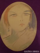 Vaszary akvarell -Cigarettázó nő