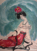 Kínai szépség és főnixmadár akvarell akt