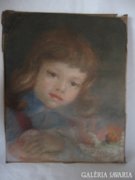 Gyönyörű kislány babával pasztell régi festmény