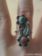 Antik ezüst koral és türkiz köves navajo gyűrű