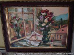 H. Molnár Magda  zsűrizett olaj festménye: Virágok az ablakban