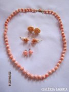 Antik puder rózsaszin korall nyaklánc és fülbevalók