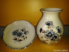 Csodaszép búzavirág mintás Zsolnay váza és tálka együtt
