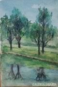 Vízben tükröződő fák - akvarell potom áron
