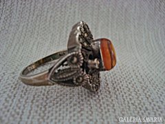 Antik borostyán markazit köves ezüst gyűrű