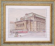 Bécsi városkép az Operaházzal, akvarell, szignált