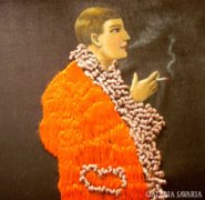 Antik art-deco hímzett festett selyem kép cigarett