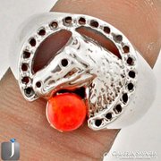 Egyedi ezüst gyűrű vörös korall kővel ,ló 925 