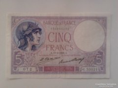 5 Francs Franciaország 1928 (Ritka bankjegy)
