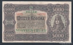 5000 Korona 1923 40 Fillér  Nyomdahely megjelölés nélkül VF