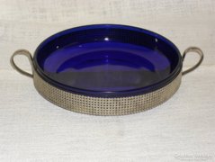 Kék üveg betétes asztali kínáló, asztal dísz  ( DBZ0053 )
