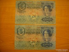 *** 2 db ritkább első kiadású 1913-as 20 korona  ***