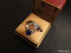 Régi kék köves ezüst gyűrű gyöngy és markazit kövekkel 