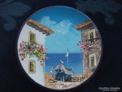 Olaj festmény-Mediterrán táj-szignós tányér 14 cm-