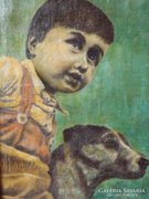 Ujváry Lajos : "Kisfiú kutyával", olaj vászon festmény