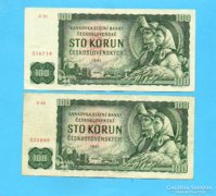Csehszlovákia 100 Korona 1961 2 Db 