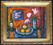Vén Emil: Asztali csendélet virágokkal és gyümölcsökkel