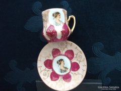 Bidermaier női portréval-kézzel festett csésze és alátét
