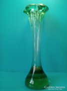 NAGY Zöld kék fémoxidos szájperemű   kristály üveg váza  30 cm vastag falú nehéz