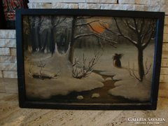 Jelzett olaj-vászon festmény téli táj rőzsegyűjtő