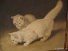 Antik olaj vászon festmény: Heyer Artúr fehér macskák