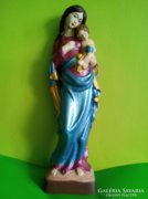 Ritka  54 cm fa faragott kézzel festett szent szobor Szűz Mária Madonna kisdeddel szent ereklye