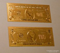 24K arany 1 és 2 dolláros bankjegy