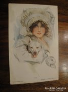 Régi képeslap  - ifjú hölgy kutyával 1914.