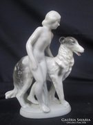 Schaussbachkunst porcelán életkép, Lány a kutyájával, szép