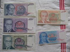 Jugoszlávia ropogós 5000 Dinár 1985,1991,1992,1993,1994
