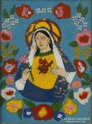 0E977 Antik erdélyi üveg ikon : Szeplőtelen Mária