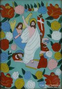 0E980 Antik erdélyi üveg ikon : Jézus a mennyekben